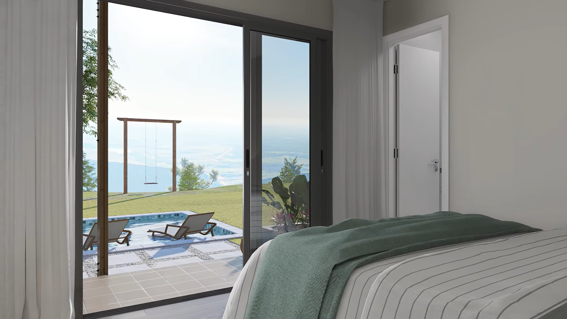 bedroom with glass doors and floor to ceiling windows opposite the bed