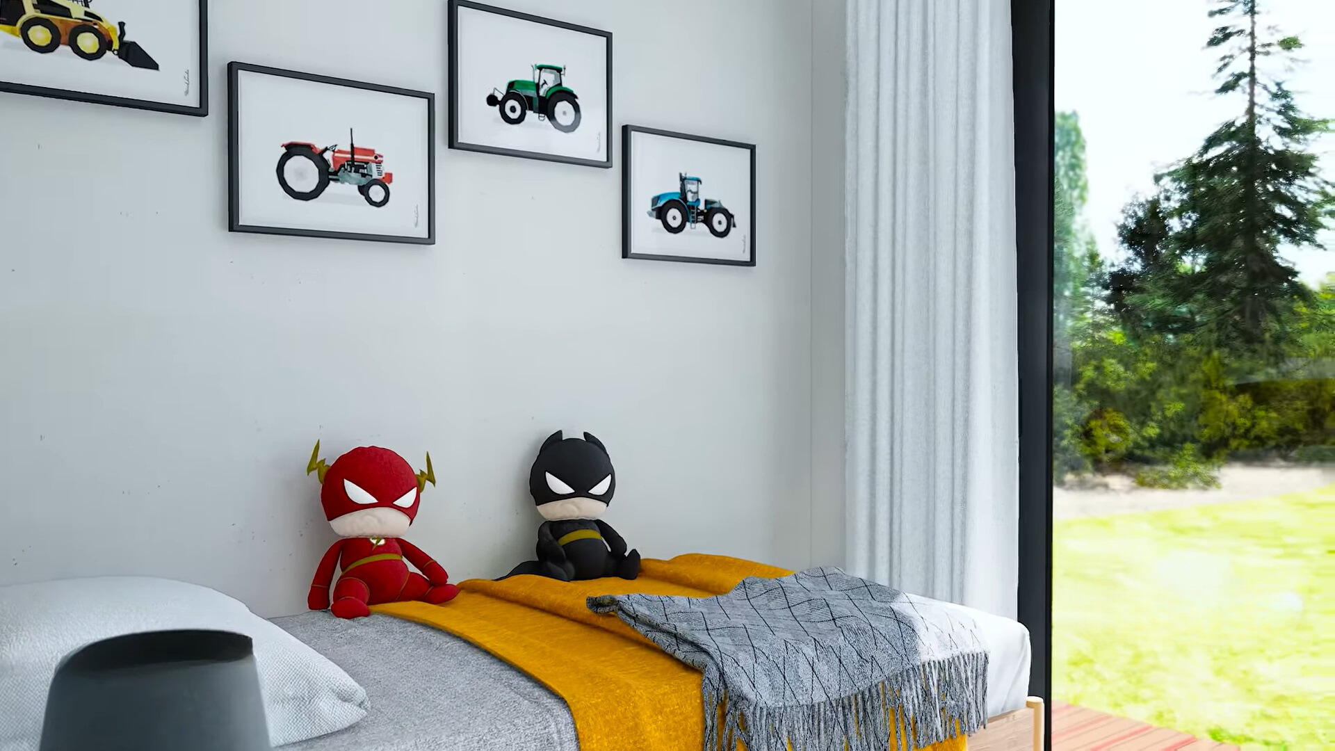 bedroom with a floor to ceiling windows, bed and vehicle photos framed on the wall