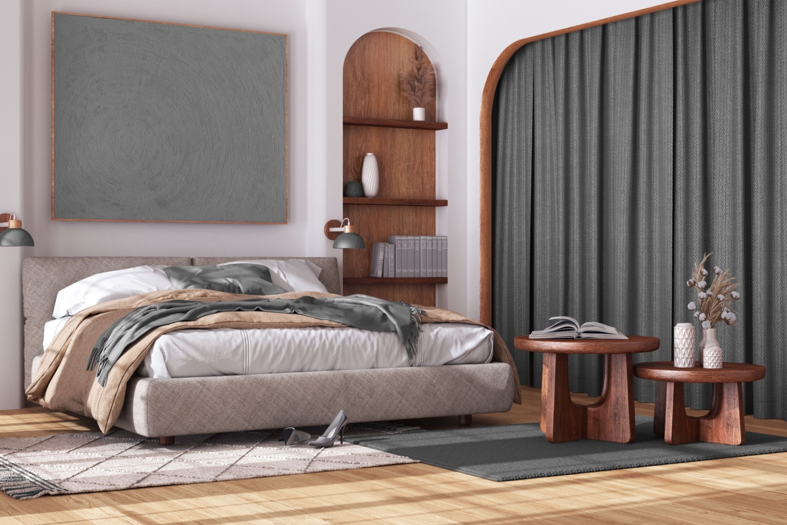 japandi style bedroom with a built-in arched shelves, a comfy bed, two small brown tables in different sizes and an art piece above the bed