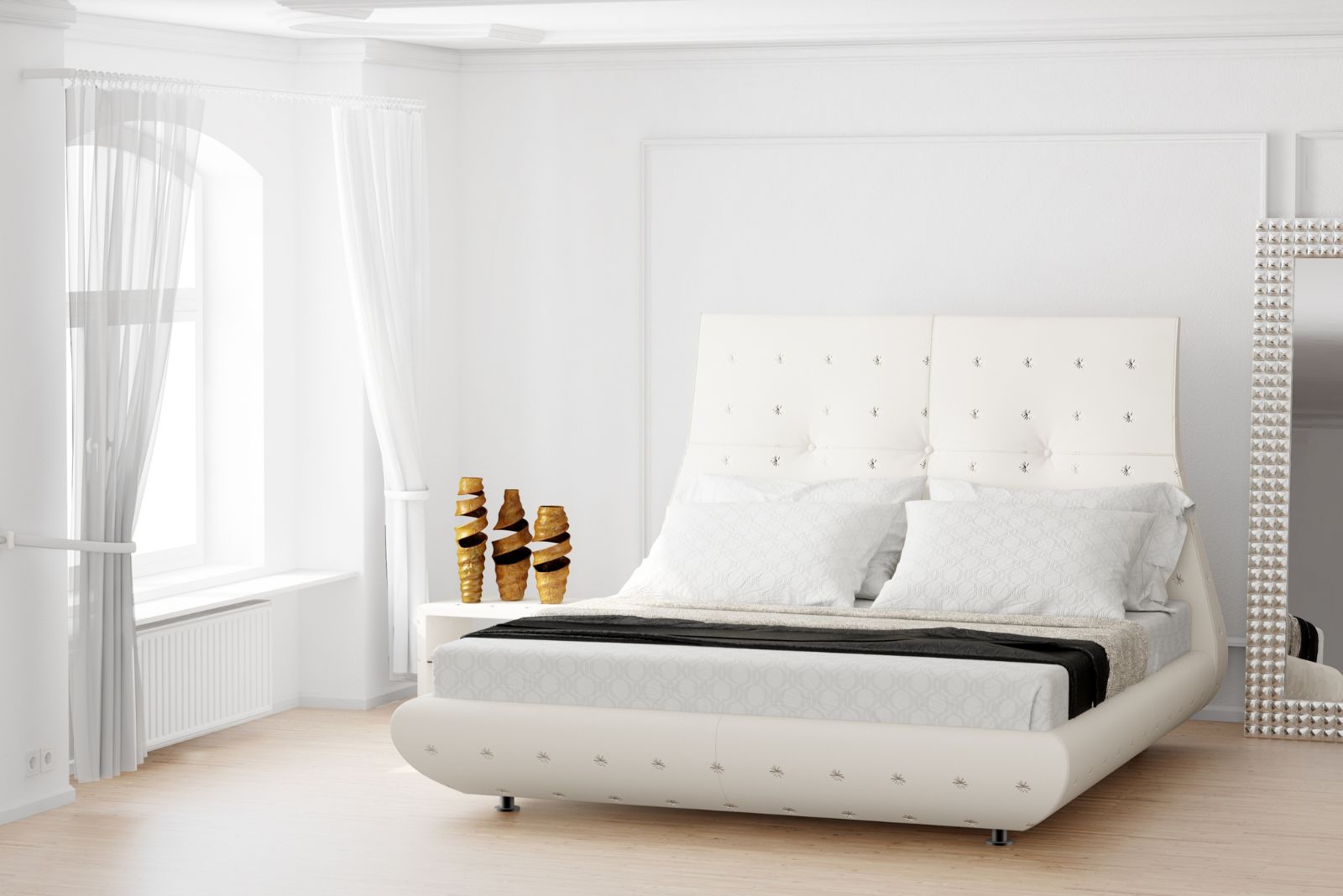 White bedroom with flowy and light curtains