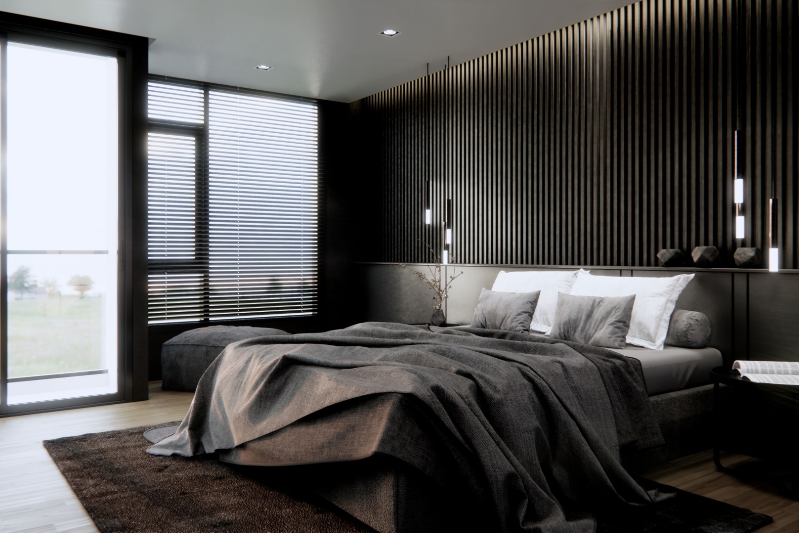 bedroom with black walls, black bed frames and black, white and gray bed sheets, floor to ceiling windows