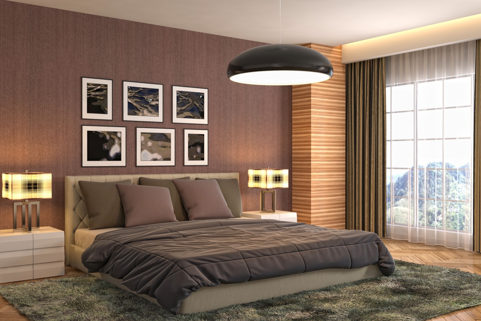 bedroom with a brown wall, beige bedside tables, six art pieces above the bed, low hanging round chandelier and dark bed sheets