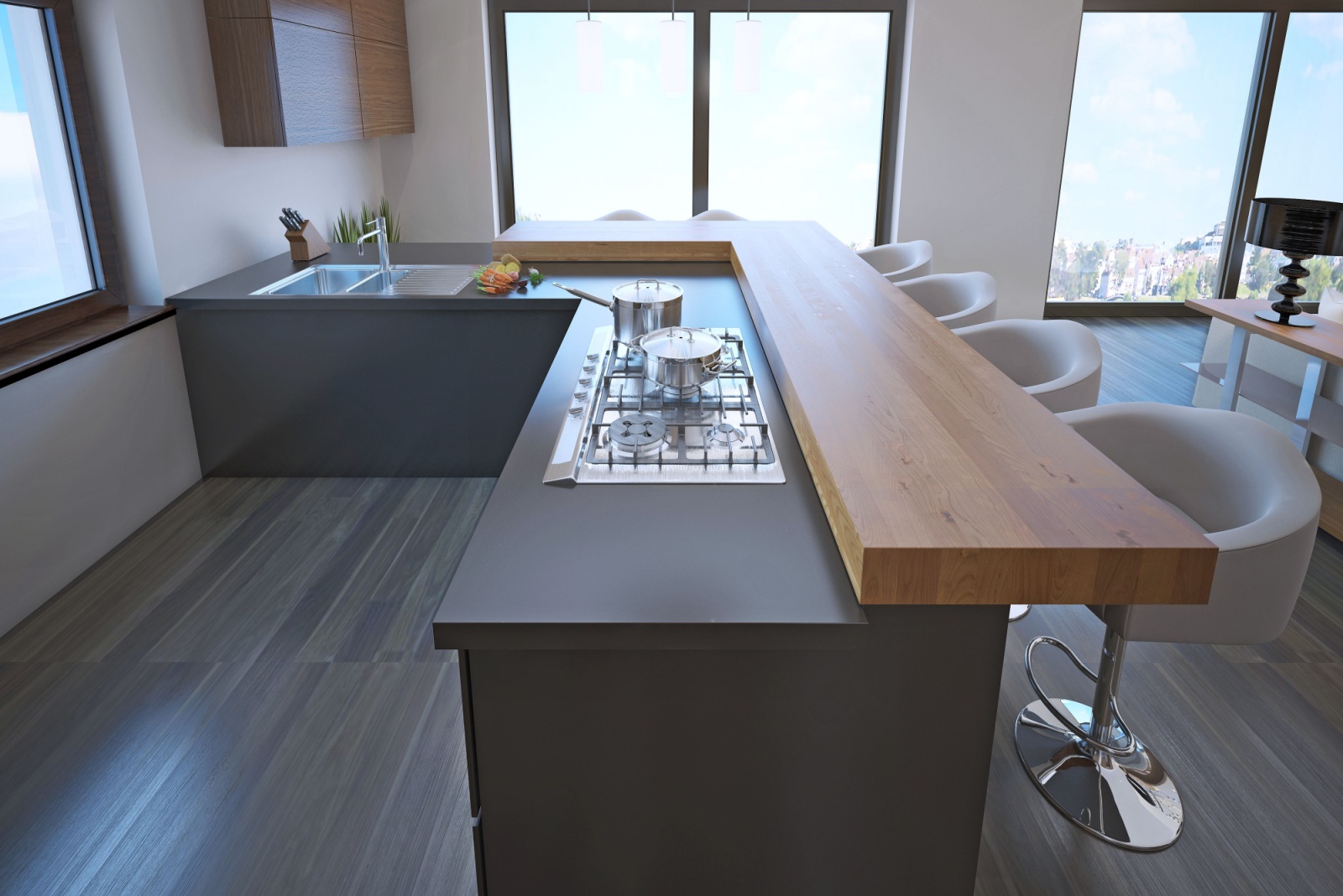 brown countertop of a kitchen and white bar stools