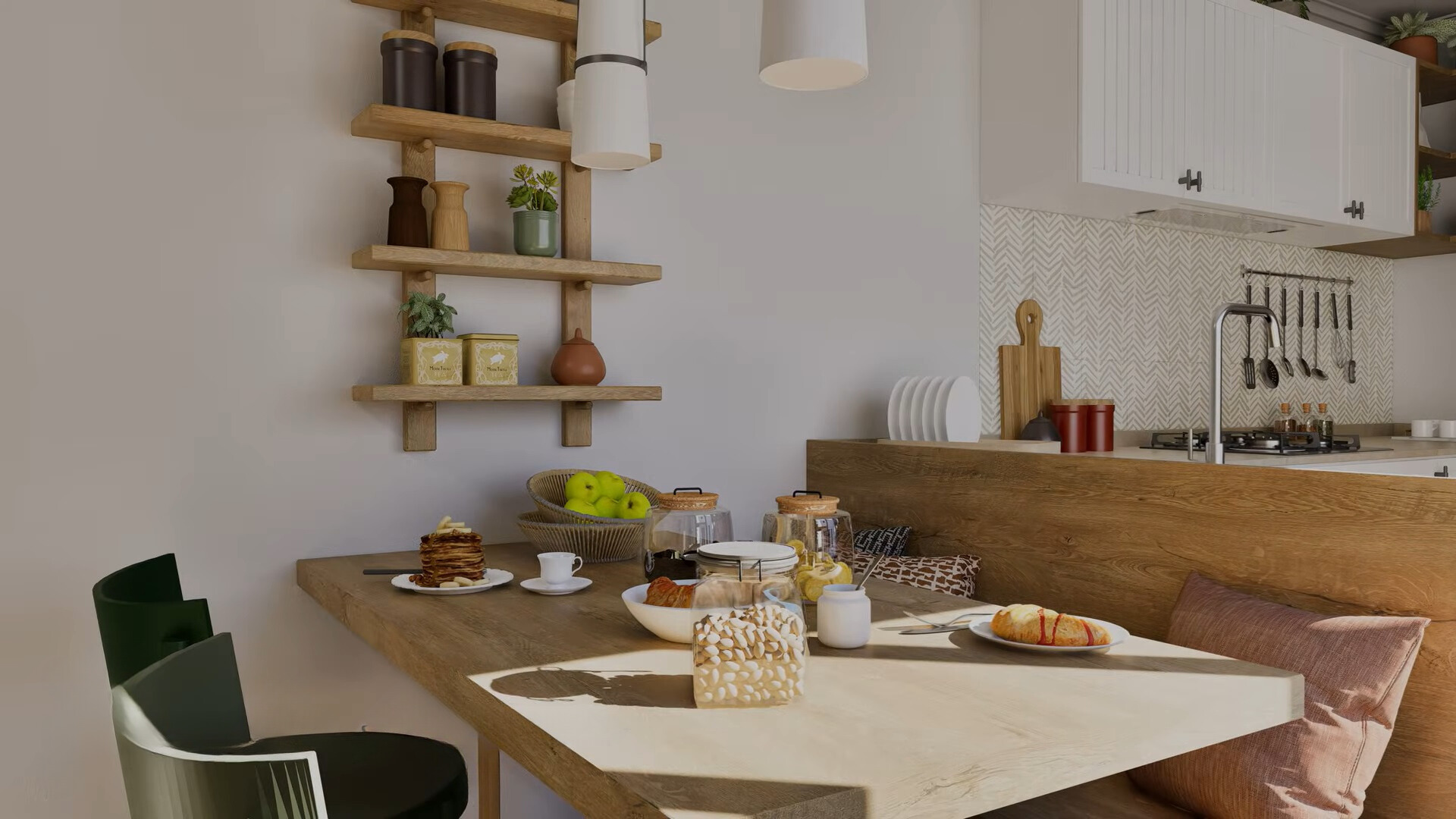 brown dining table with round chairs, built-in couch and hanging shelves above the table