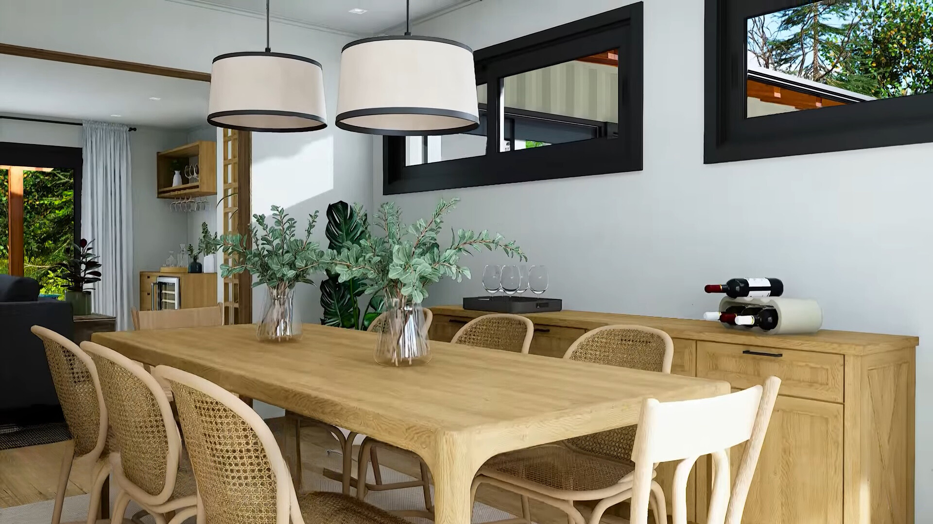 brown dining table surrounded by eight chairs, brown cabinet nearby with wine bottles and glasses displayed and a window above the cabinet