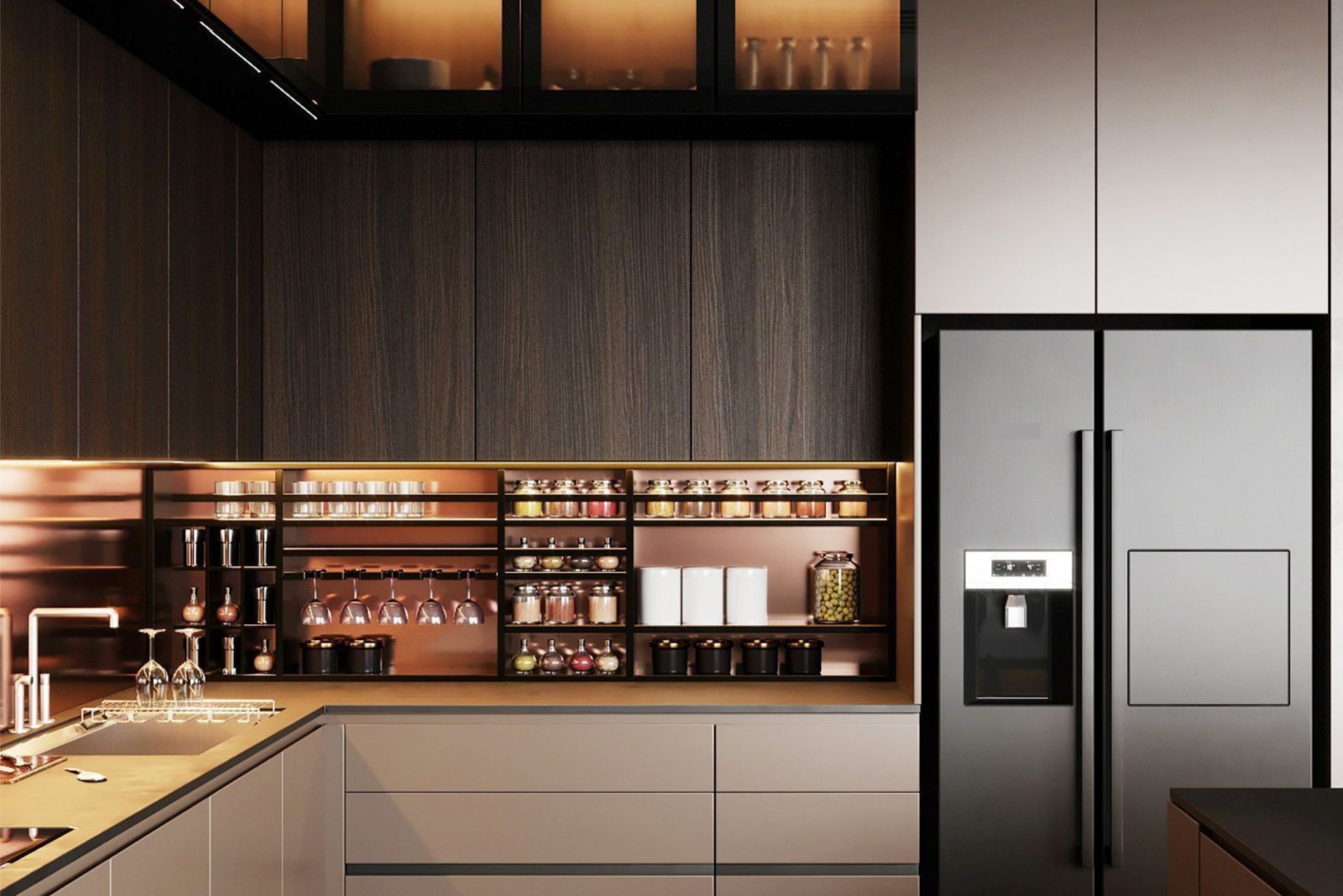 kitchen with brown cabinets, fancy glasses displayed and open shelves