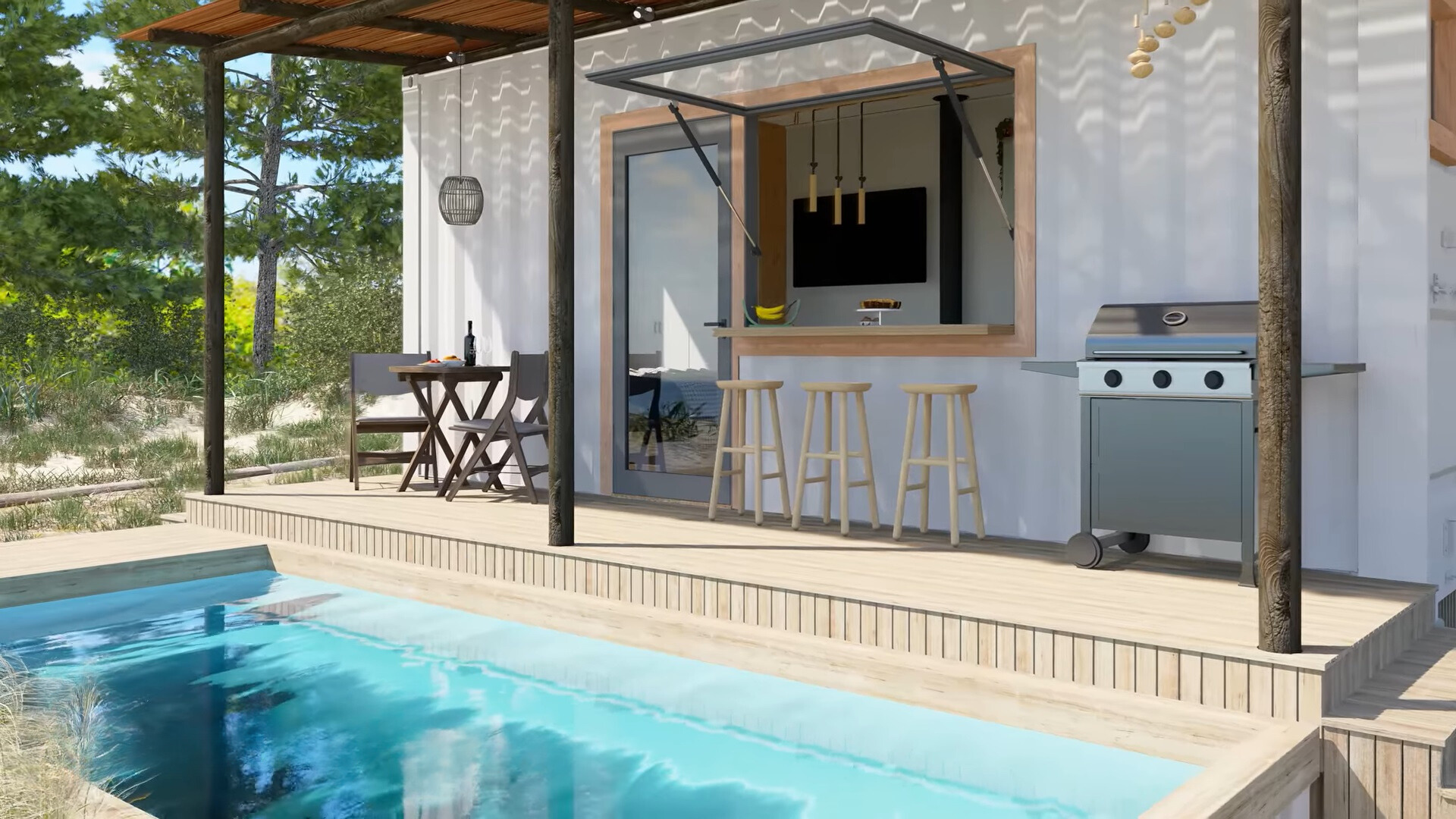 deck of a container house with bar stools next to an open window, silver grill, round table accompanied by two gray chairs