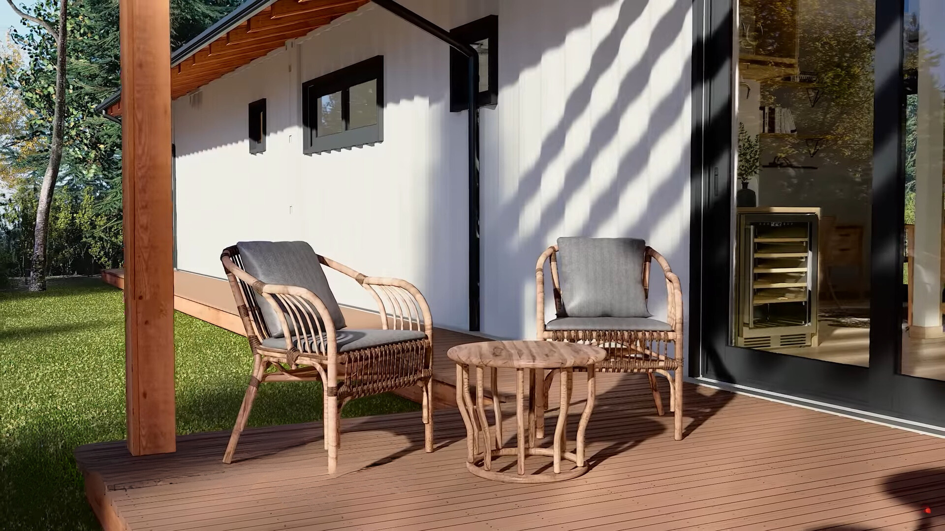 outside deck with a brown, wooden table and two chairs