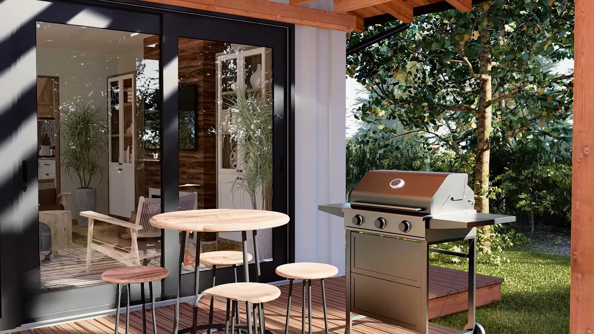 outside deck with a round table, round chairs, silver grill