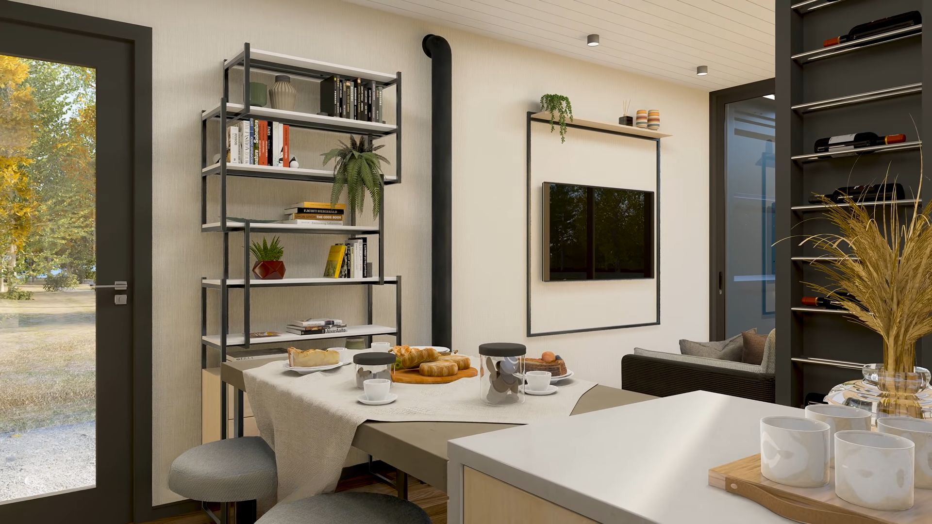 Dining room with shelves and coffee station