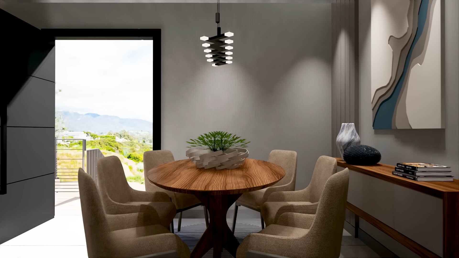 dining room with a brown, oval dining table with beige chairs around, abstract art piece on the wall above the brown shelf with decor