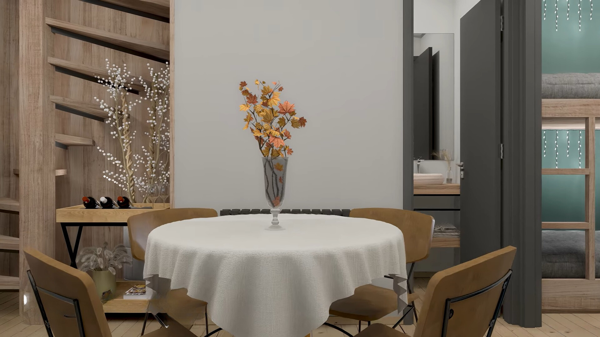 dining table with four brown chairs around it and a vase of flowers on it