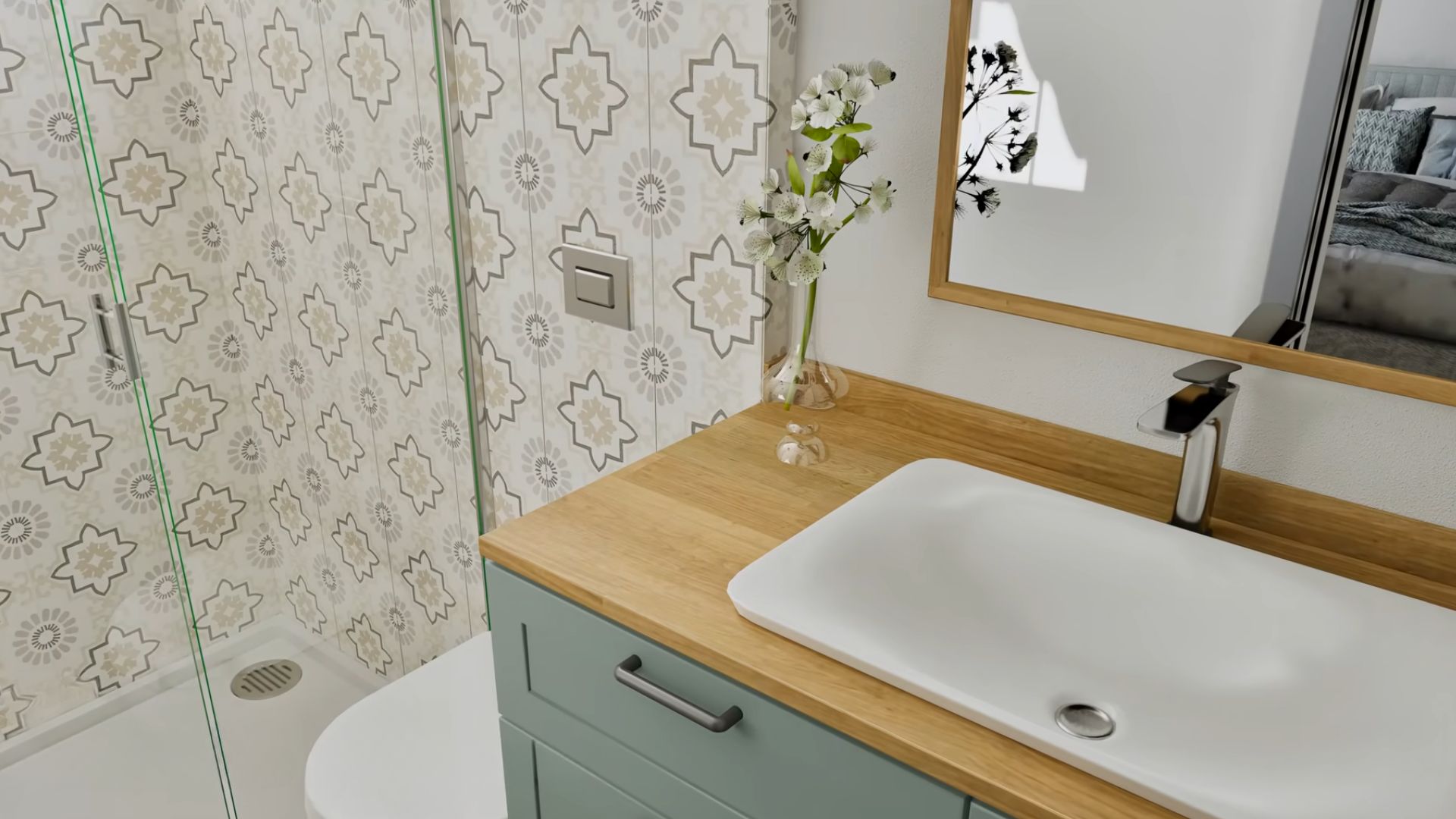 ensuite bathroom with a walk-in shower and a vanity, interesting beige tiles in the shower, vanity has a pretty sage color and wooden countertop with a flat sink