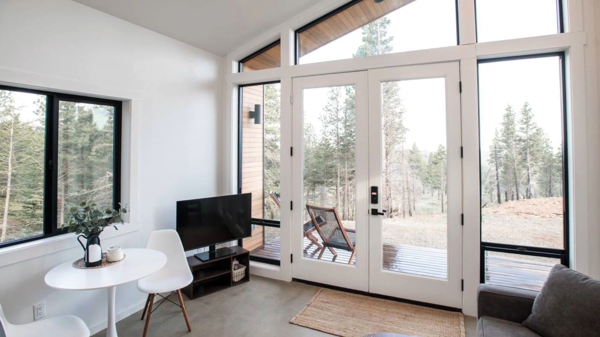 entrance into the black cabin with white walls, lots of light coming in, TV in the corner