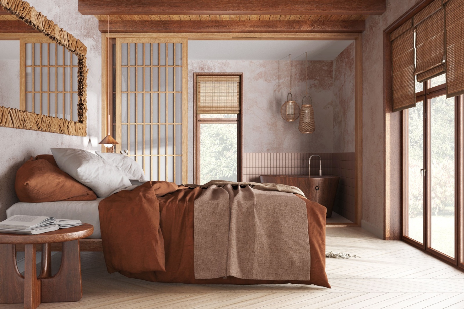 bedroom with wooden tables, floor to ceiling windows, brown and white bed sheets, japandi aesthetic