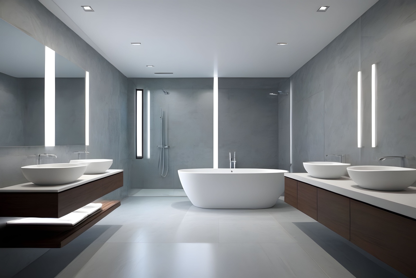 bathroom with gray walls, brown cabinets with a white countertop, four white sinks, white LED lights, white bathtub