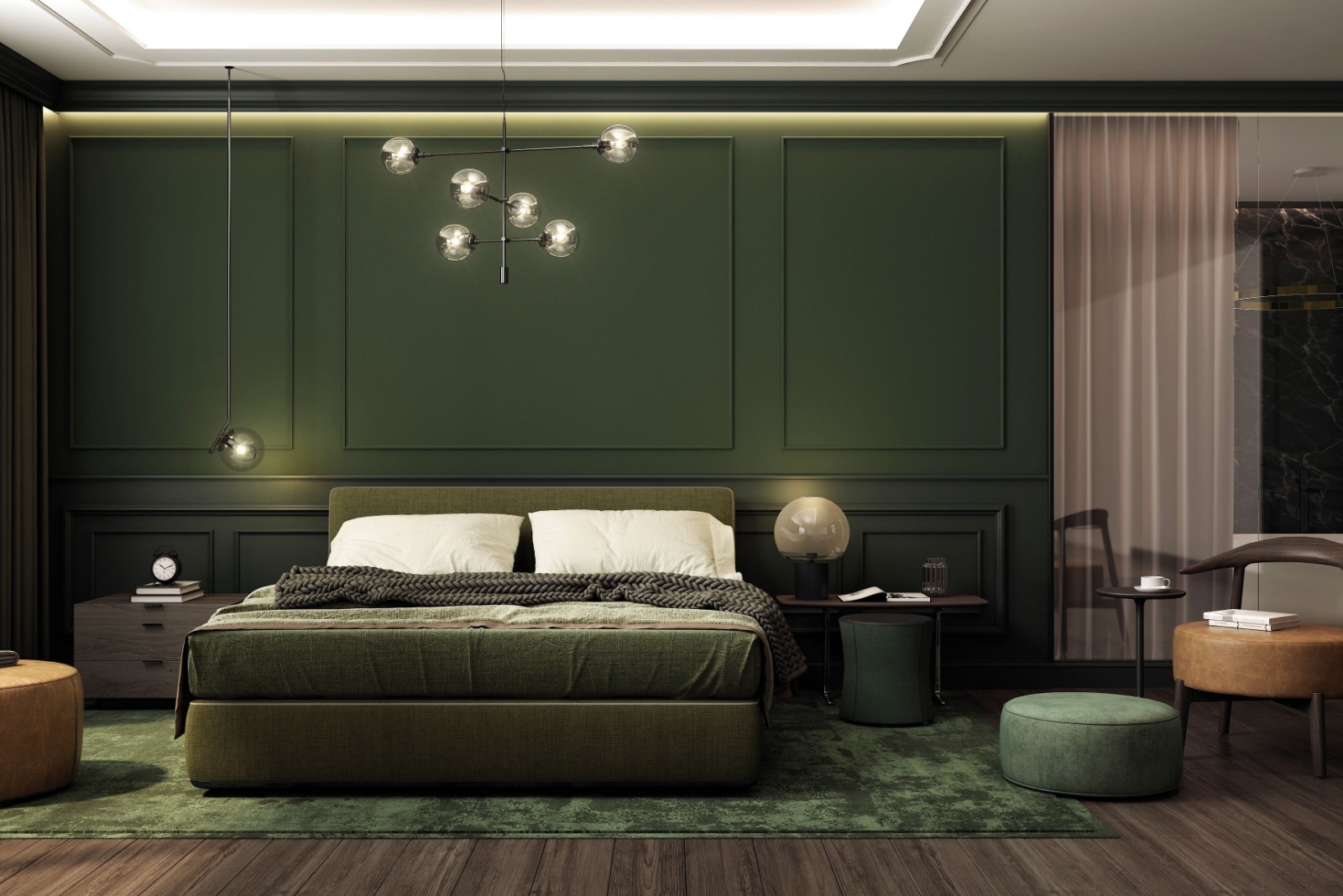 bedroom with dark green walls, dark green bed frames, dark green and white bed sheets, brown bedside tables and unique and modern lamps