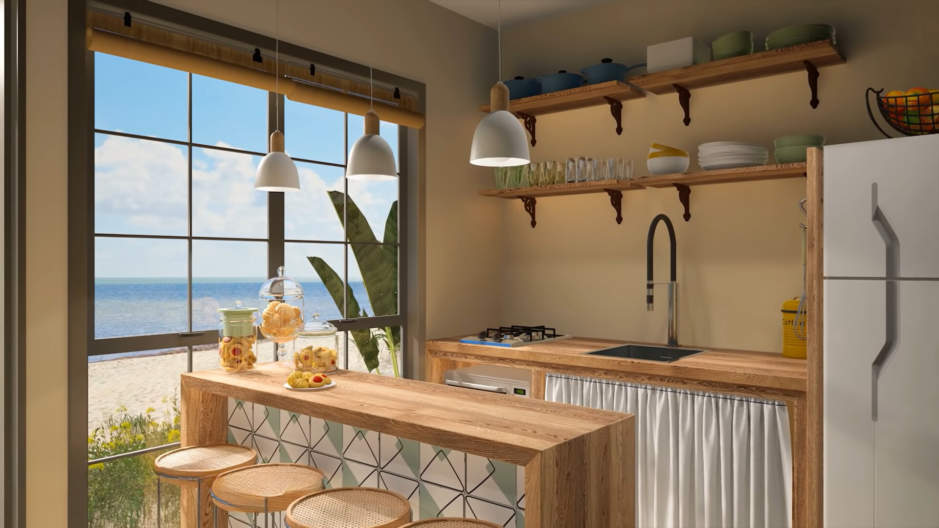 kitchen with a brown countertop, island, bar stools, brown shelves and big windows with the view of the sea