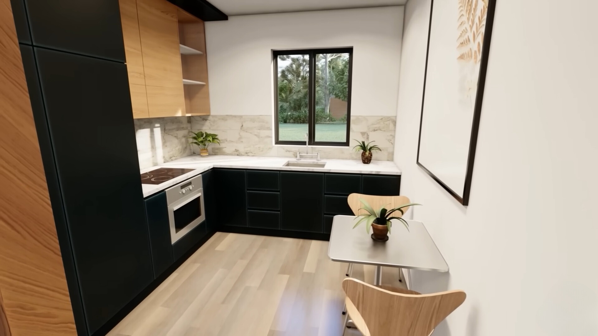 kitchen with black cabinets, white countertop, small gray dining table and two brown chairs