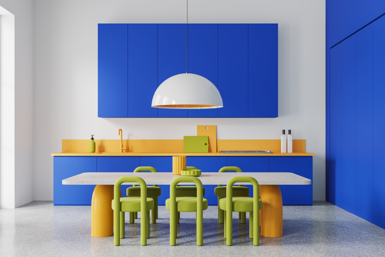 kitchen with white walls, blue cabinets, yellow countertop, white dining table, green chairs