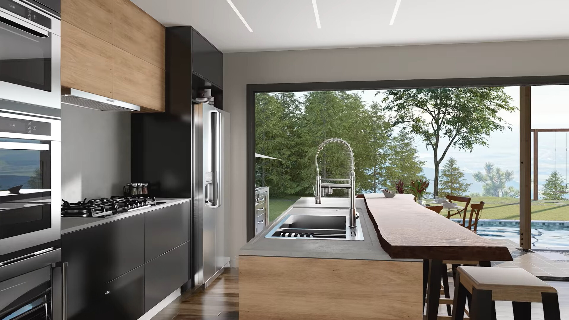 kitchen with brown and black cabinets, island with gray countertop and a floor to ceiling window