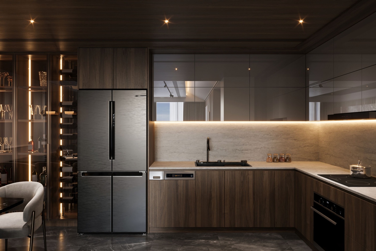 kitchen with dark brown and glass cabinets, beige countertop, warm lightning in traces