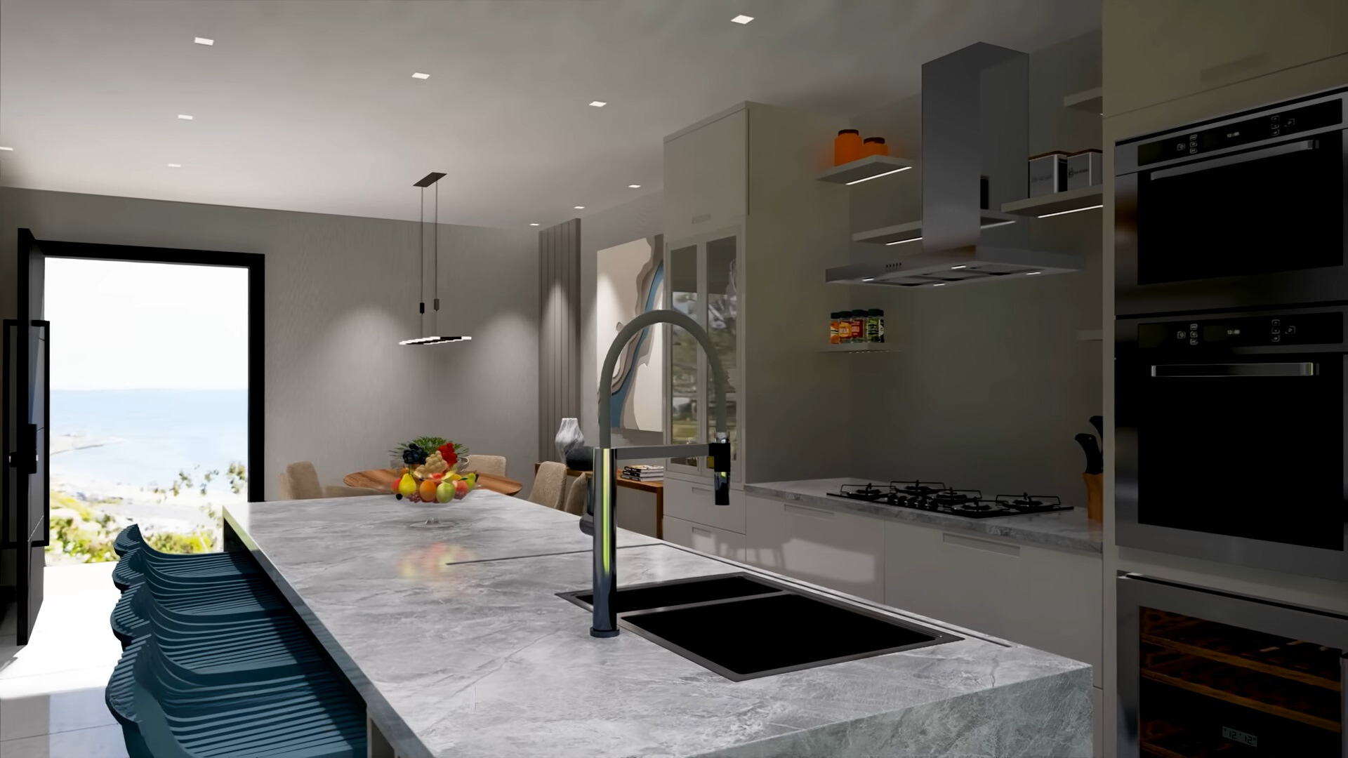 kitchen with white cabinets and countertops, an island, blue bar stools