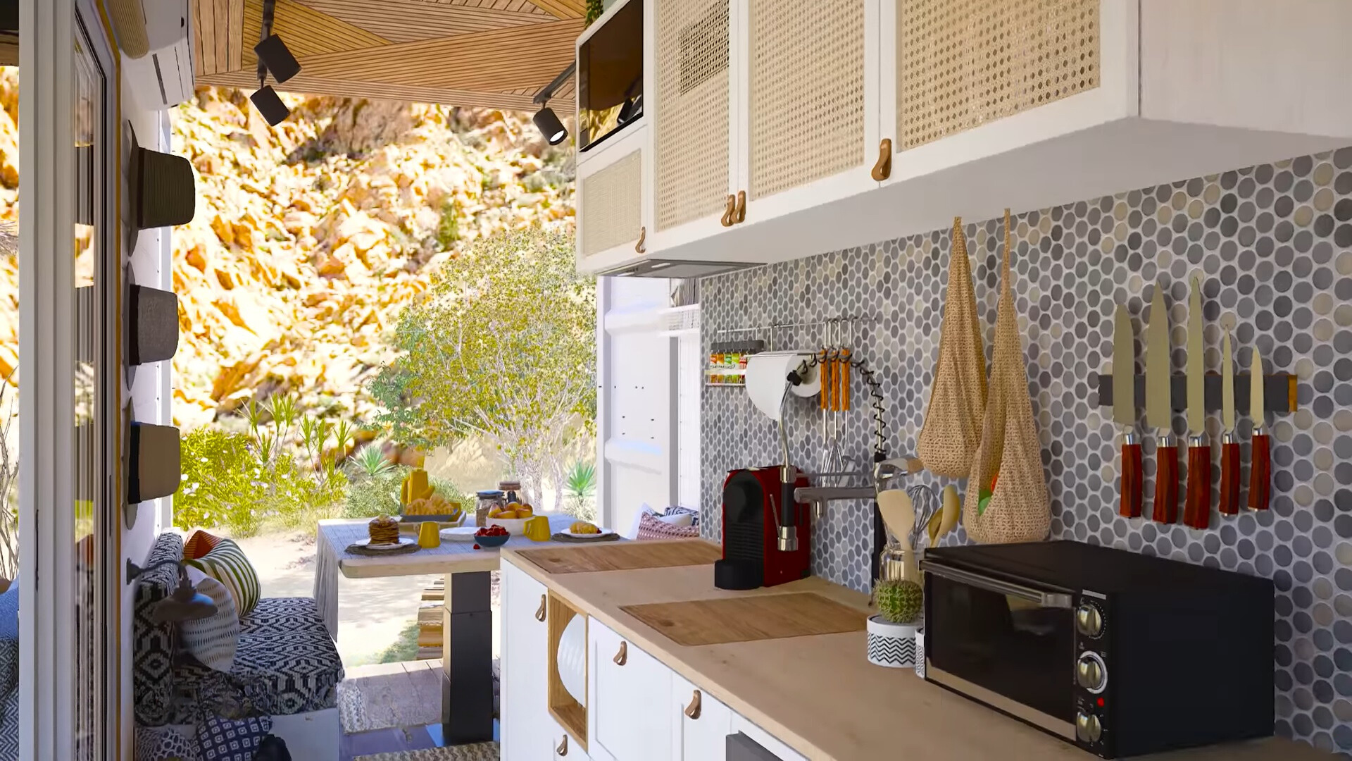 kitchen with white cabinets, tiled wall, brown countertop