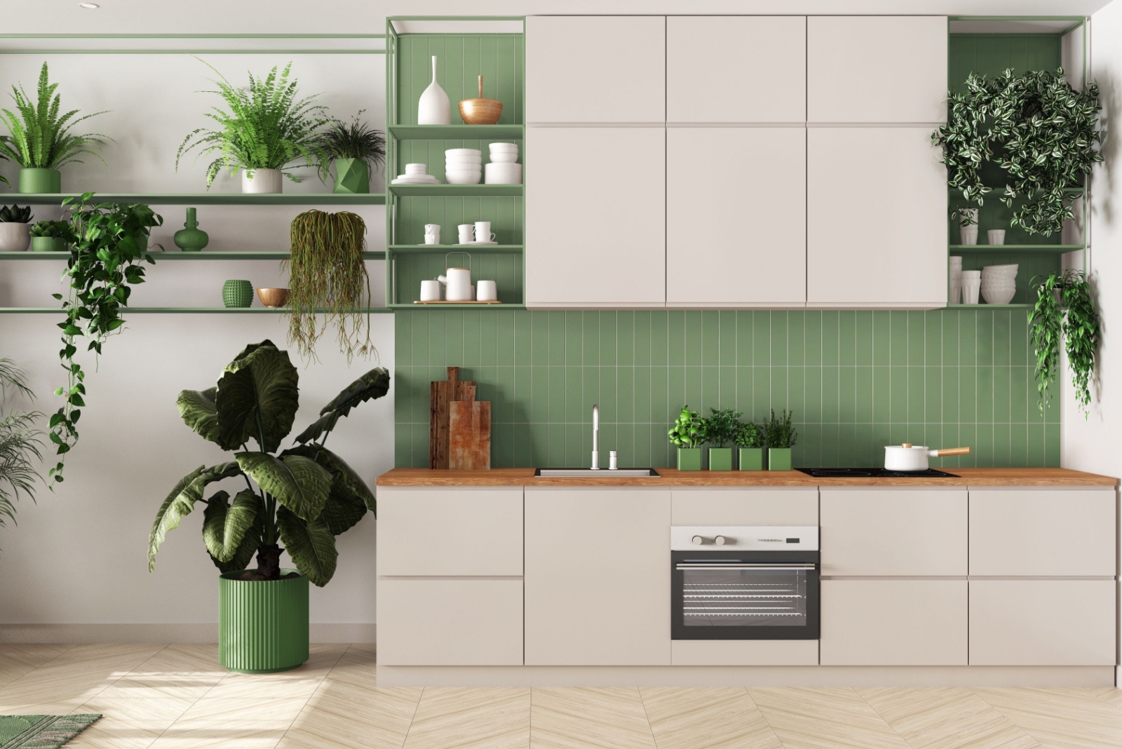 kitchen with white cabinets and open shelves, green tiles and white wall, a lot of plants, wooden brown countertop