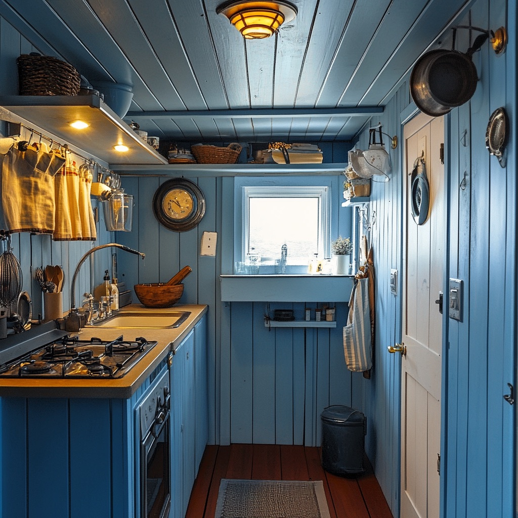 tiny kitchen with a blue wall, blue ceiling, warm lightning under the blue shelves, cooking equipment on the walls as decor