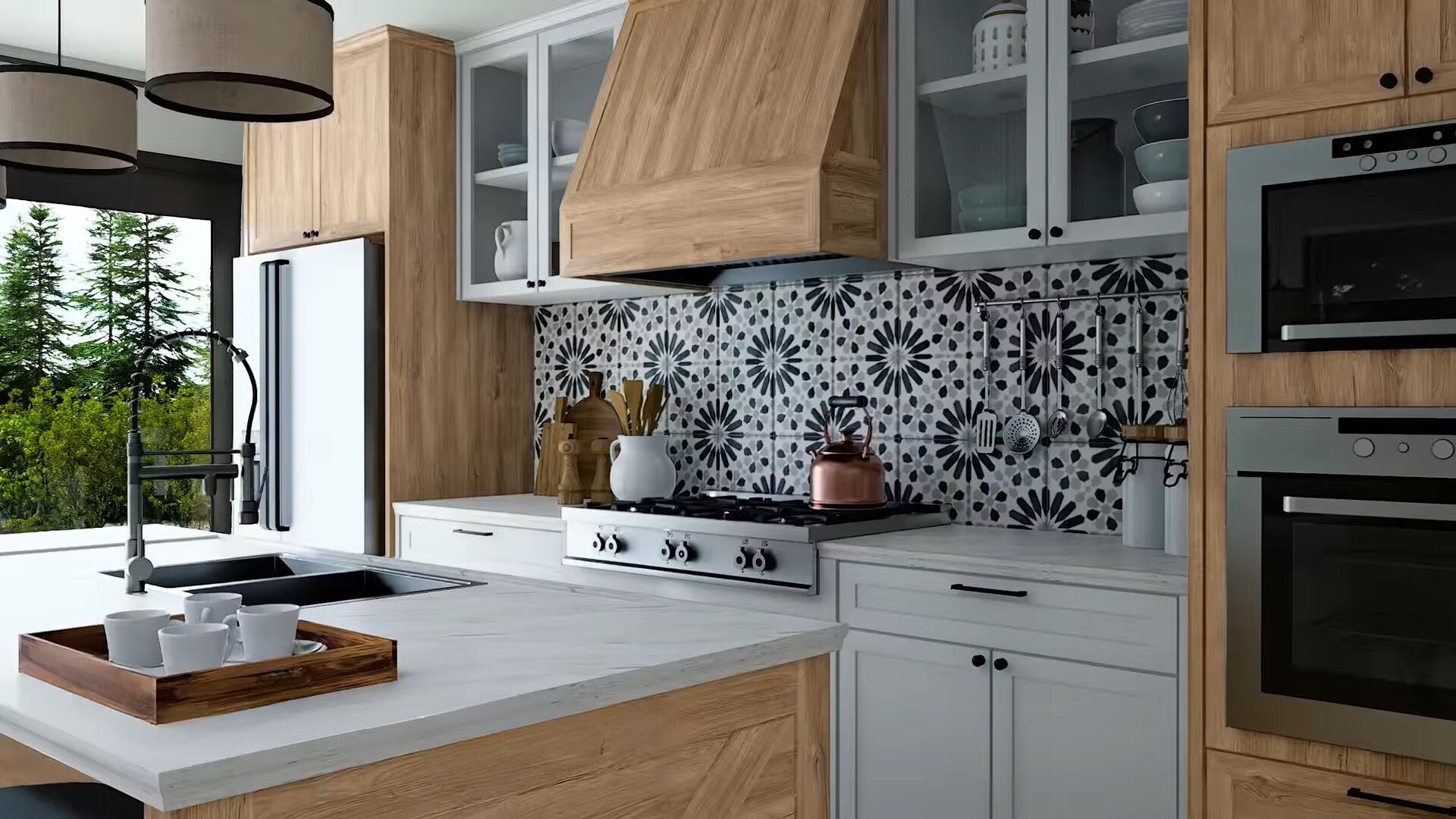 kitchen with brown, white and glass cabinets, white countertops, an island