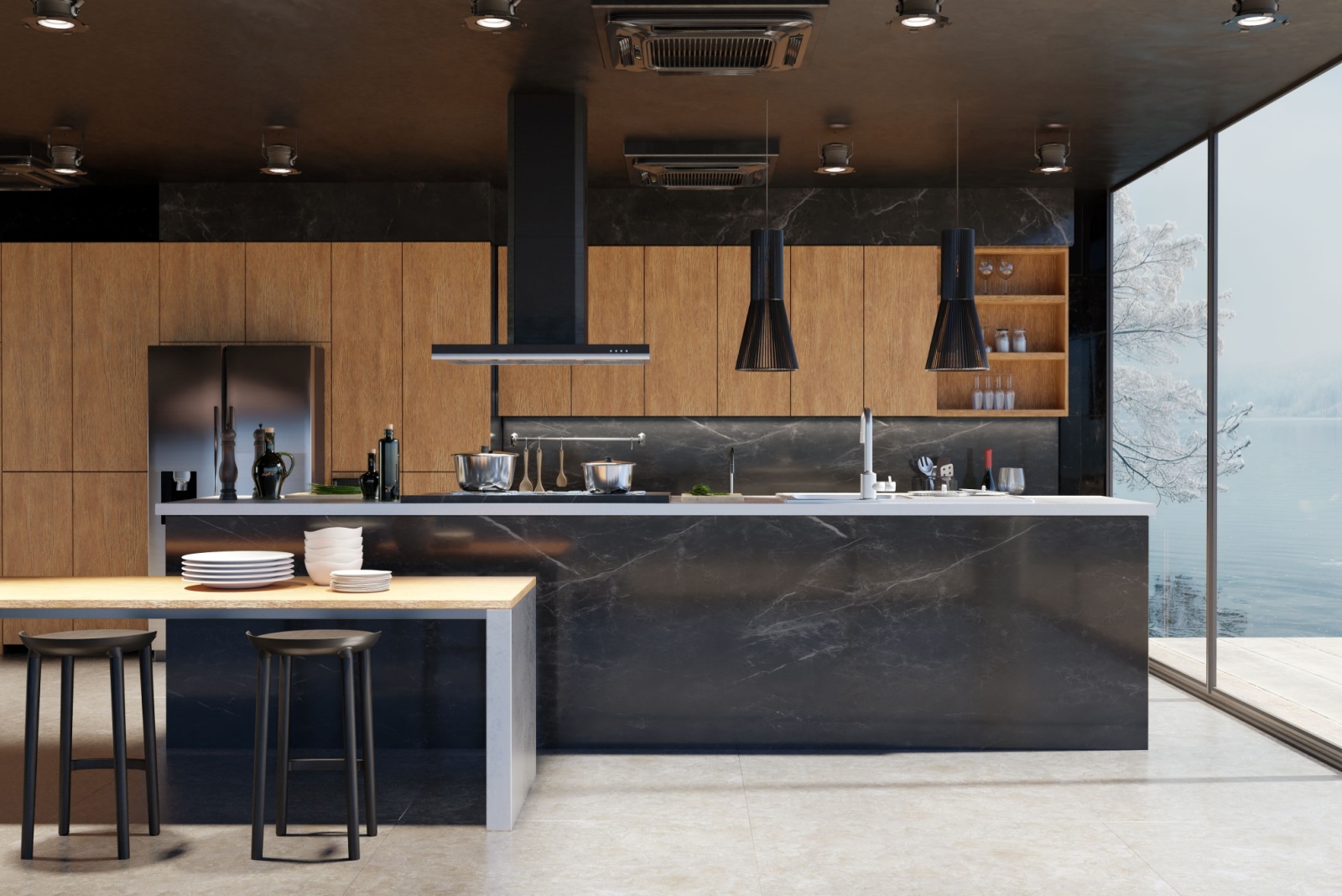 kitchen with brown cabinets, two islands in different sized, floor to ceiling window