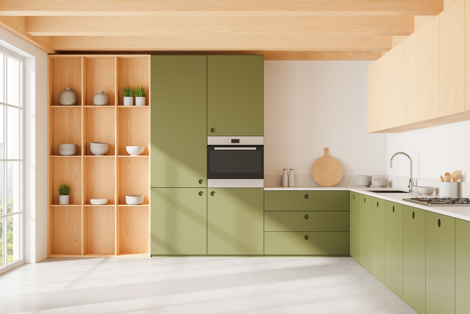 kitchen with olive green cabinets and a floor to ceiling light brown shelf