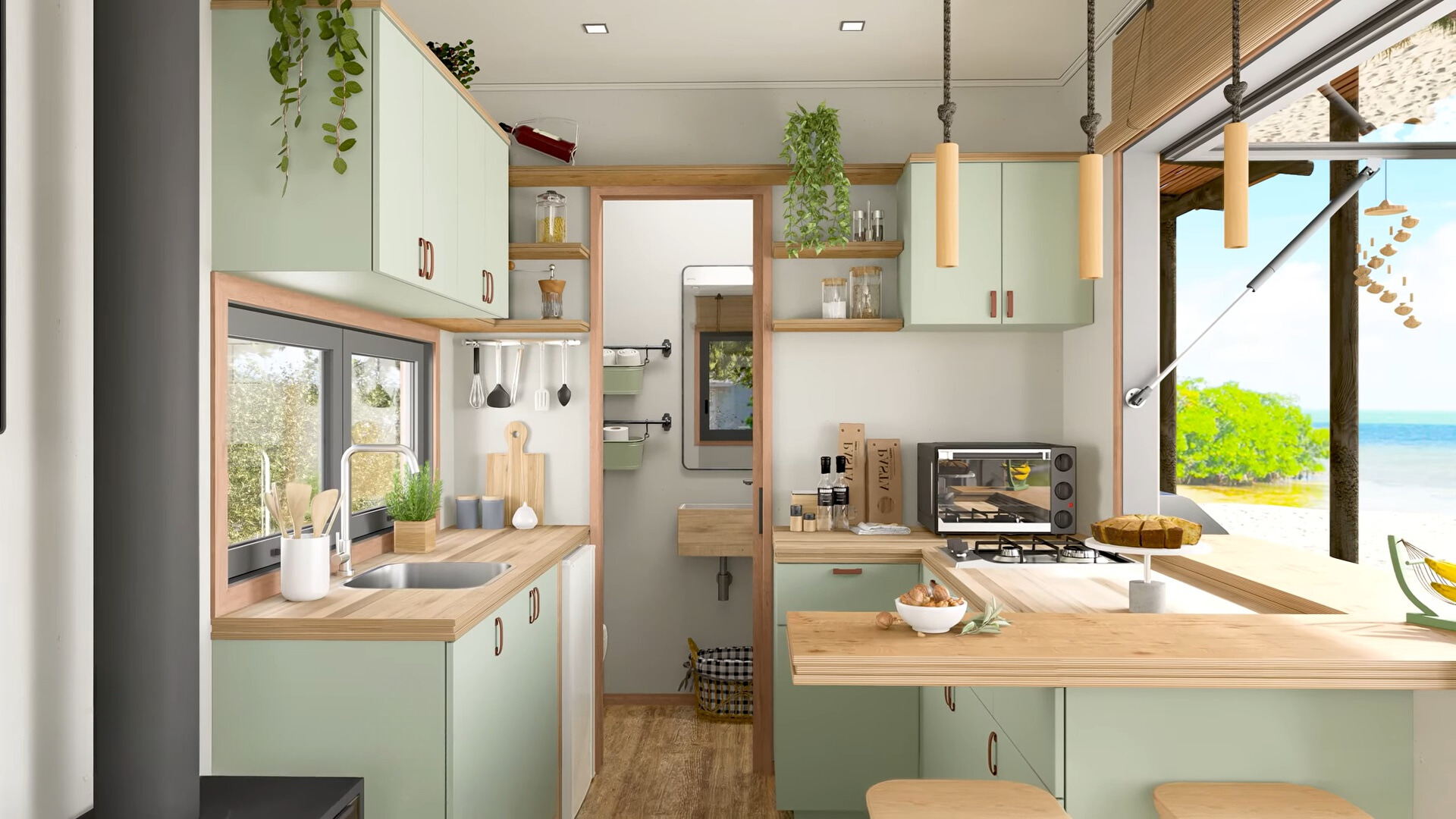 kitchen with light mint green cabinets, brown, wooden countertops, windows on both sides of the container