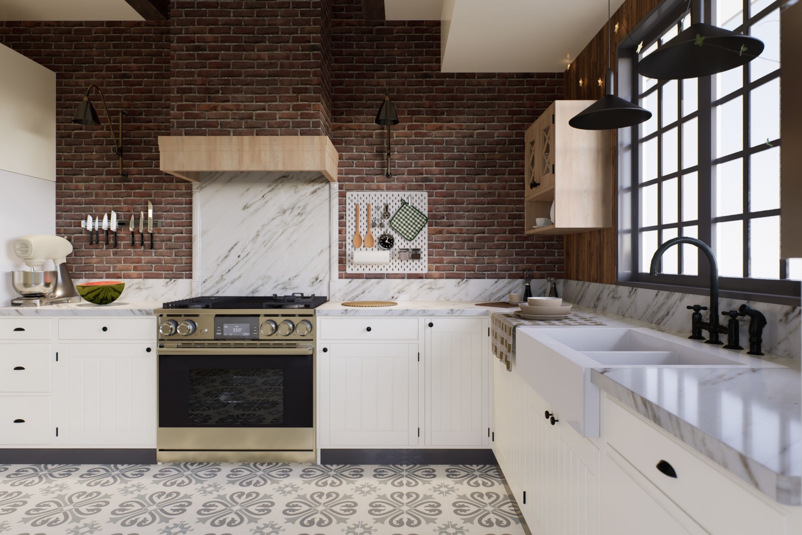 kitchen with white cabinets and l-shaped countertops, brick wall