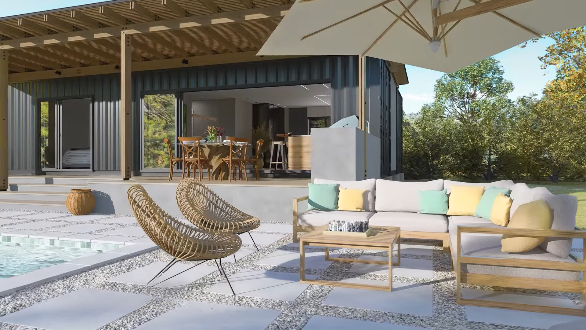 l-shaped couch, two brown chairs and a brown table outside of the container house, next to the pool