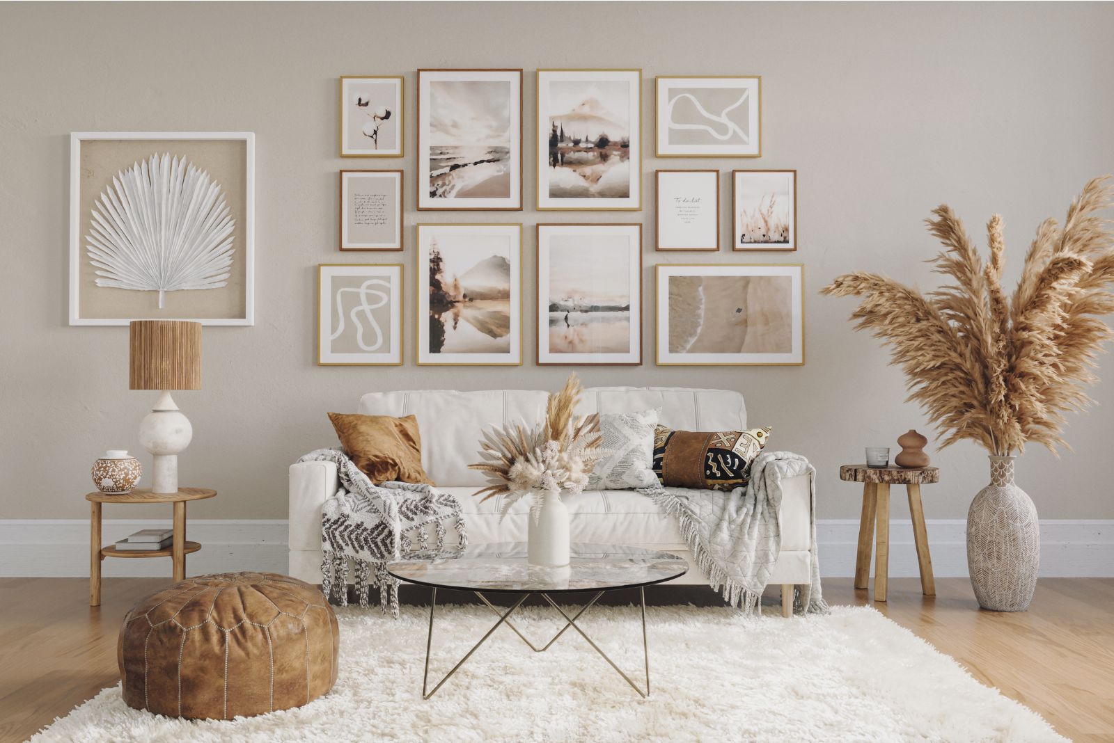 Light living room with a gallery wall, plants and a fuzzy rug