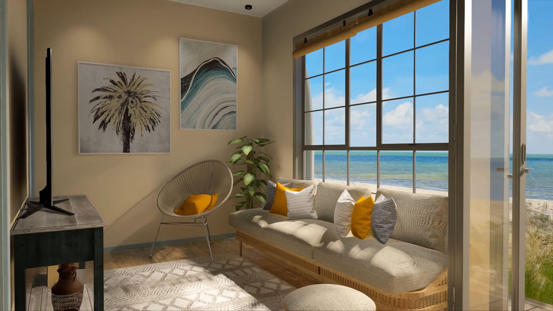 living room with a beige couch, a round chair, flat screen tv on the brown stand, big window with a view of the ocean, two artworks on the wall of the waves and a palm tree