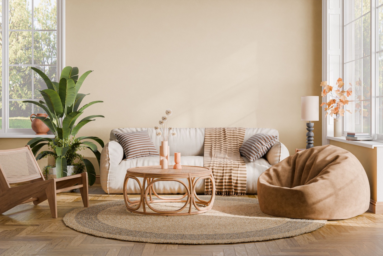 living room with a beige couch, brown bean bag an a brown table, and a big plant