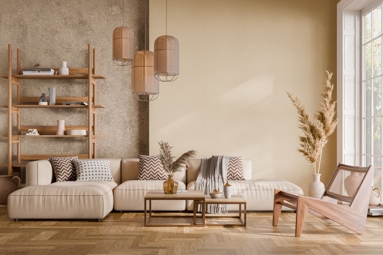 living room with a beige big plant, a chandelier with three parts, big beige couch, brown table, wooden chair, big wooden shelf