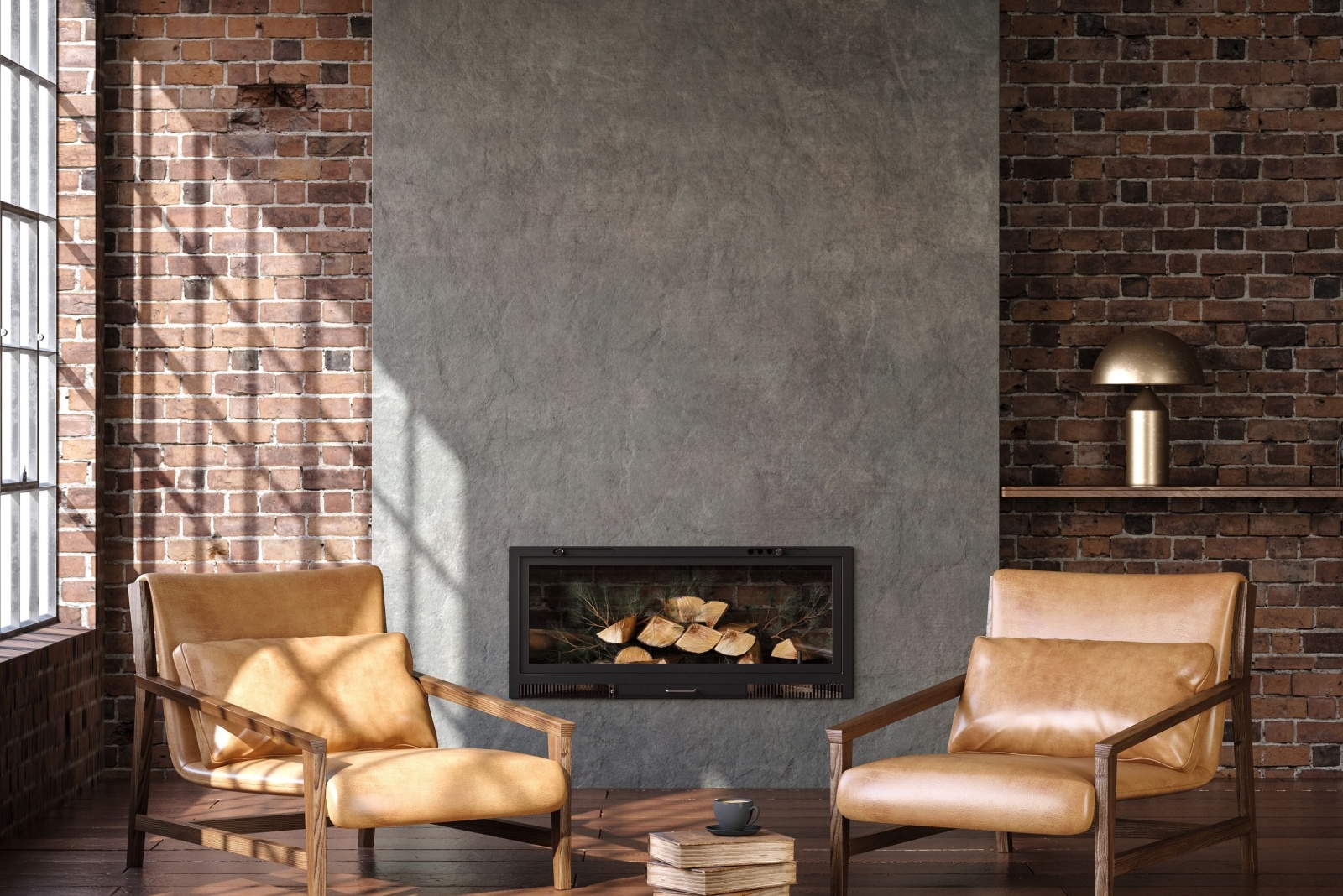 living room with a brick wall, fireplace, dark brown floors, two brown chairs