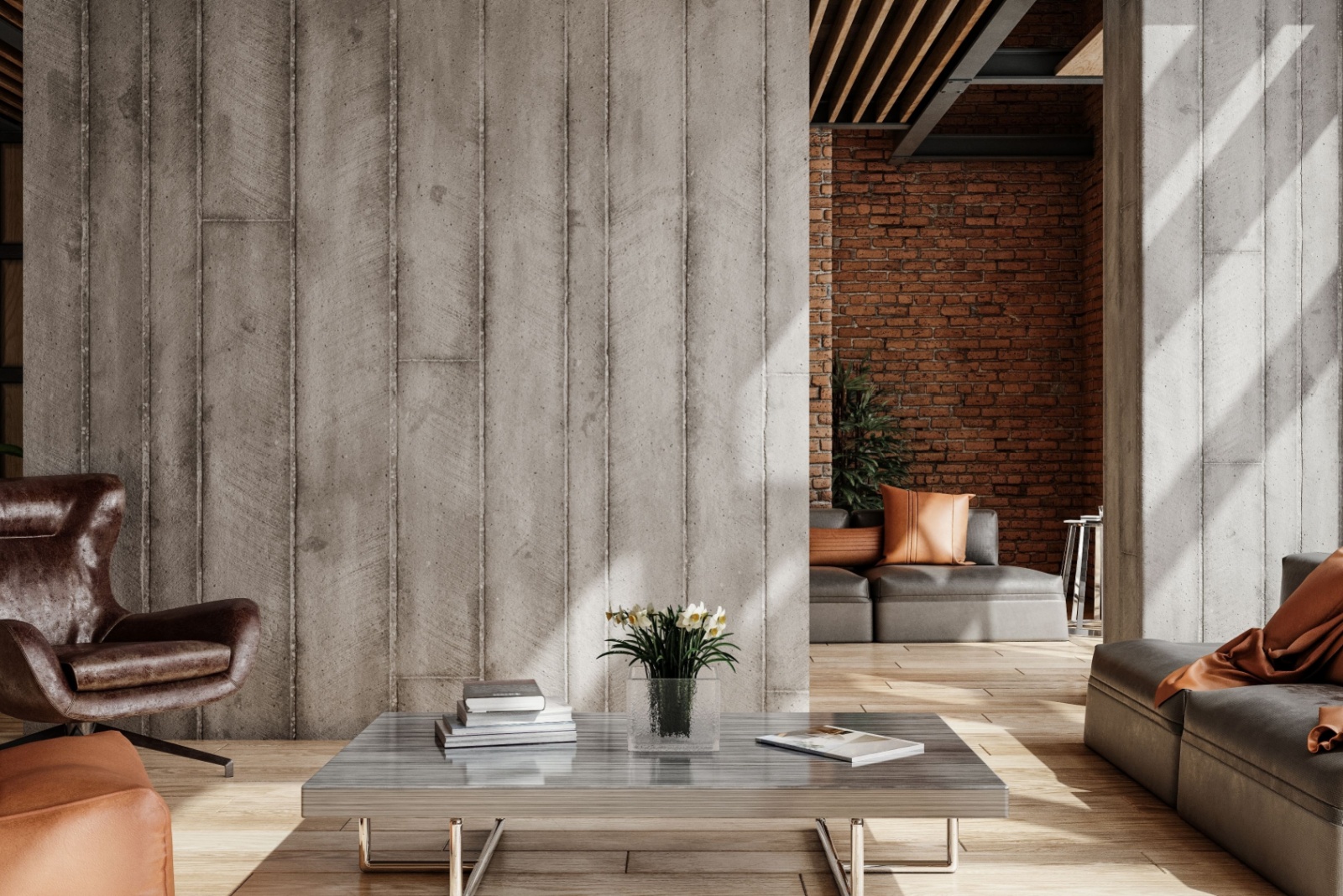 living room with a gray wall and a brick wall, leather chair and a gray wood table