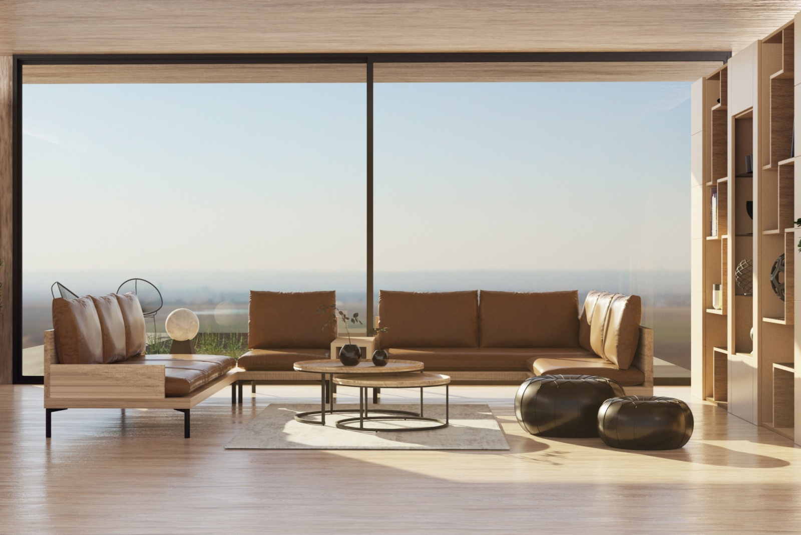 living room with a brown couch, floor to ceiling window, brown table and a floor to ceiling shelf