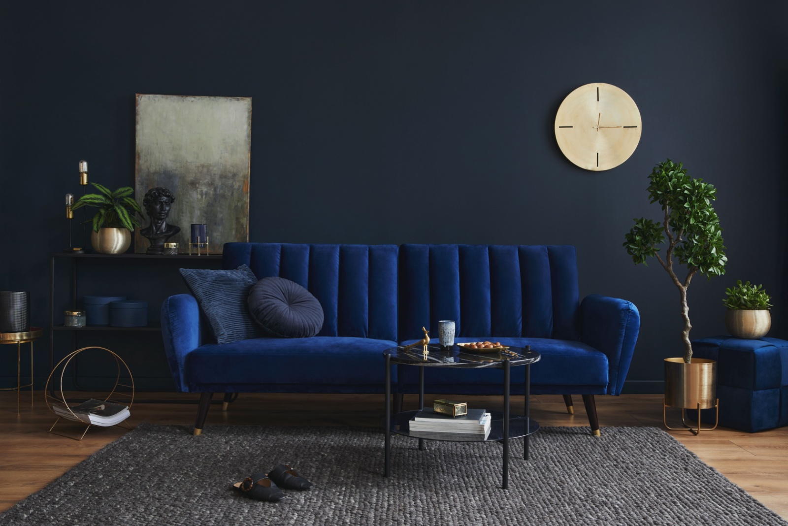 living room with a dark blue wall, dark blue couch and a mini black table, plants around it