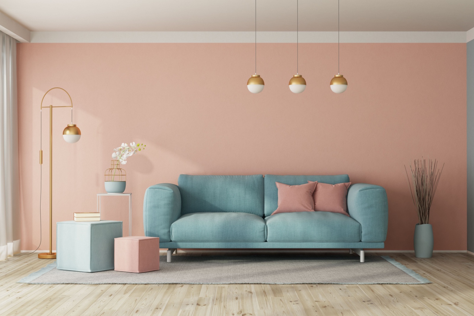 living room with a light pink wall and a light blue couch, gray carpet and round chandeliers