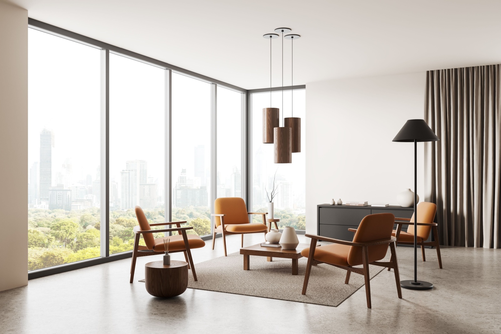 living room with floor to ceiling windows, four orange chairs and a brown table