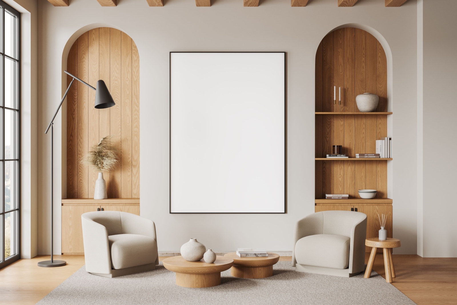 living room with two light beige chairs, arched built-in shelves with a wooden wall background, tall black lamp, huge art piece