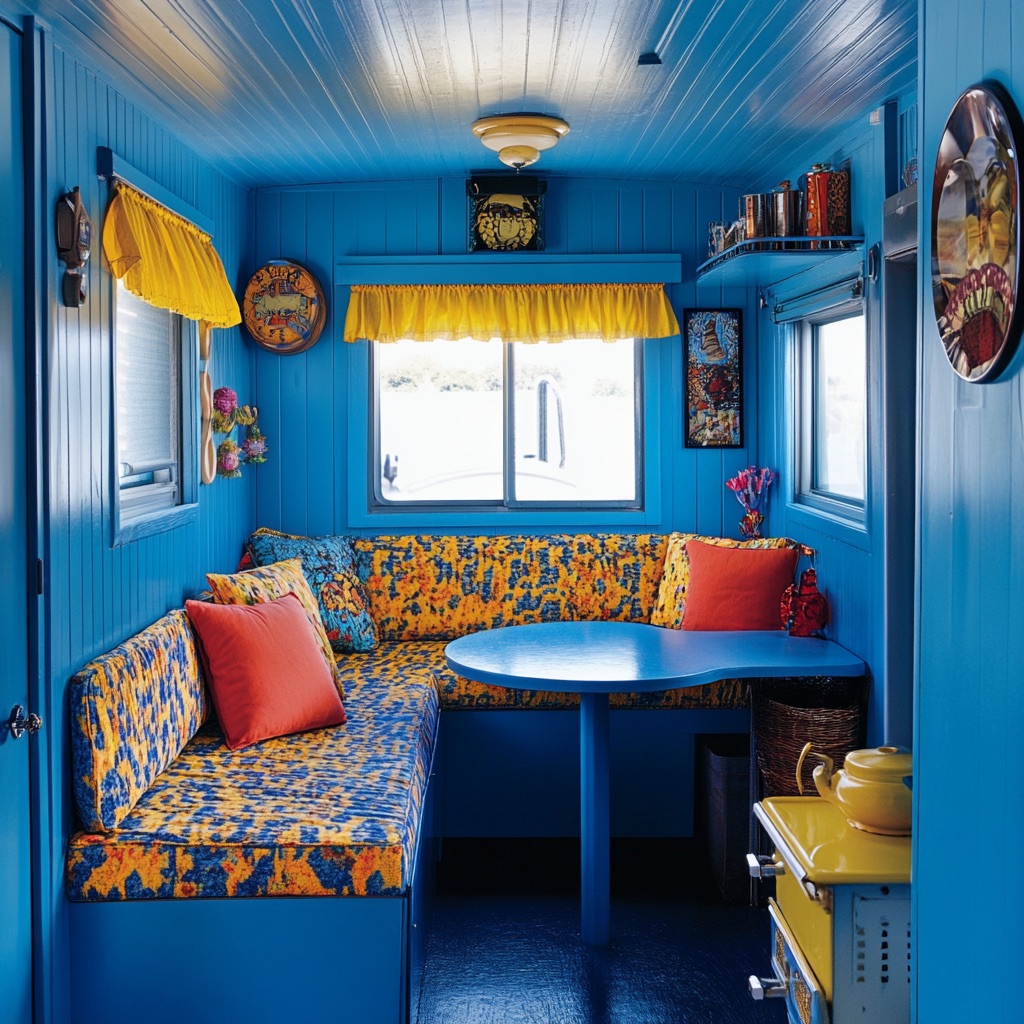 living room with blue walls, mini yellow curtains, blue and yellow l-shaped couch, unique blue table