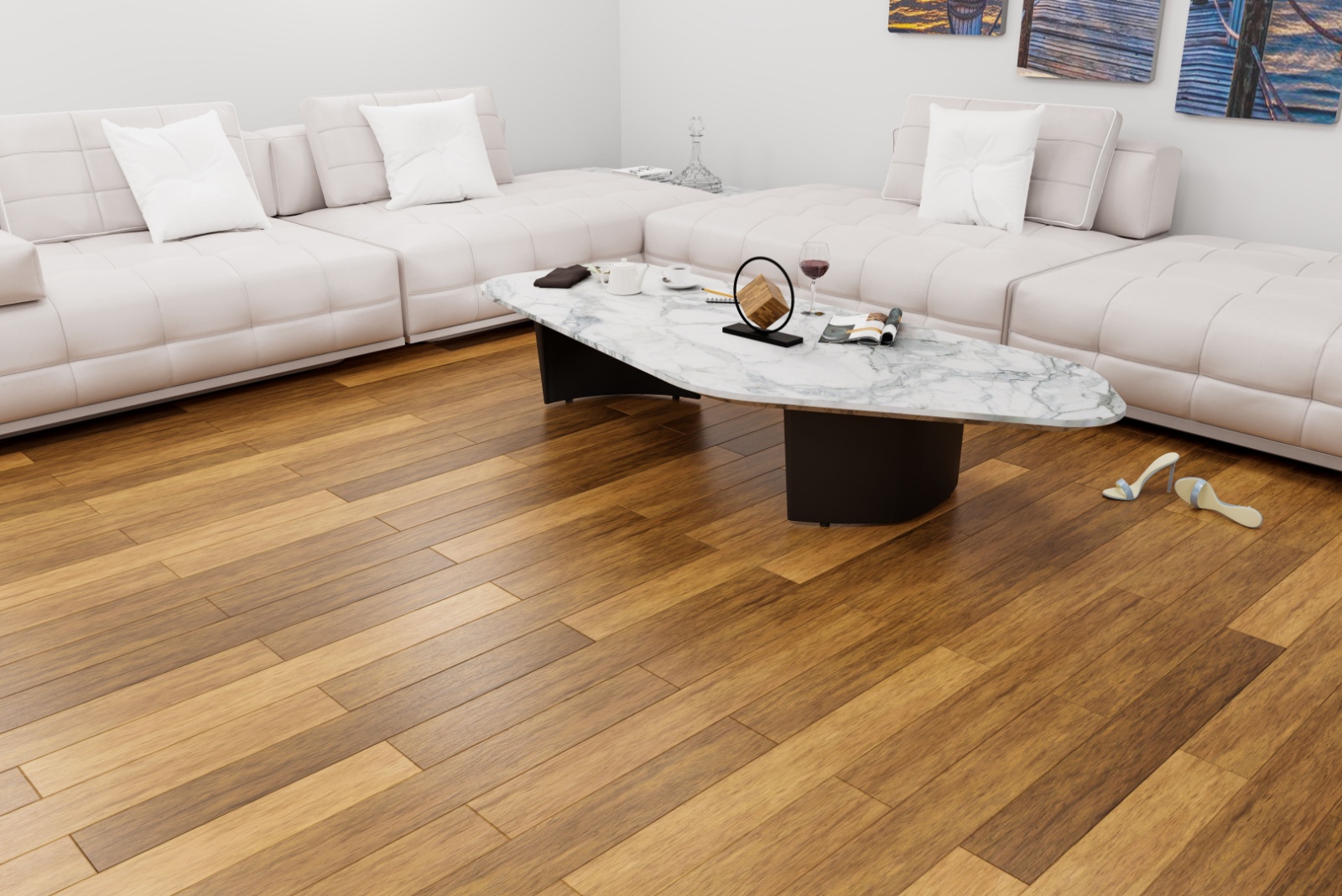 living room with two white couches, table and brown hardwood floor