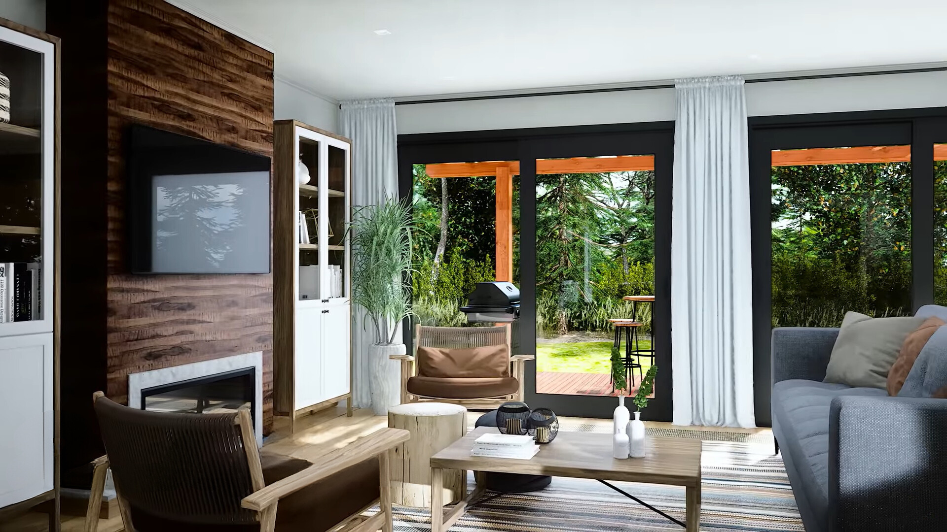 living room with floor to ceiling windows, blue couch, wooden table, flat screen tv, fireplace, big shelf